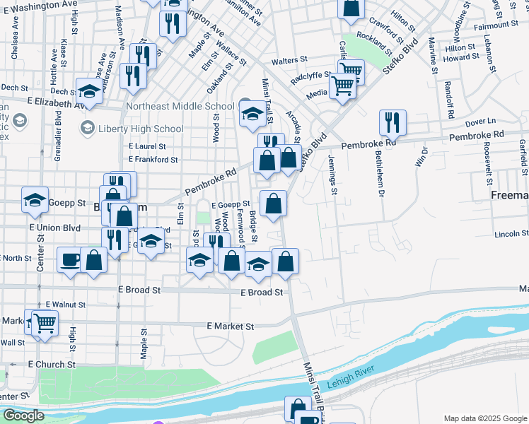 map of restaurants, bars, coffee shops, grocery stores, and more near 732 East Goepp Street in Bethlehem