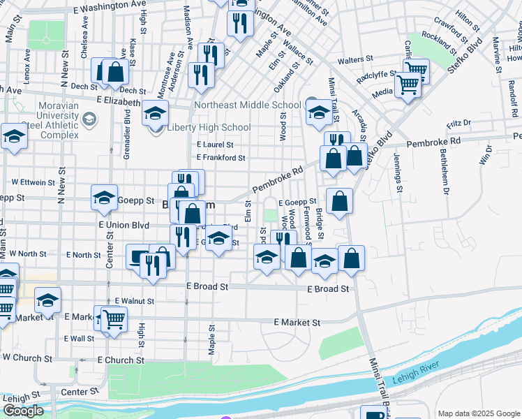 map of restaurants, bars, coffee shops, grocery stores, and more near 517 Goepp Circle in Bethlehem