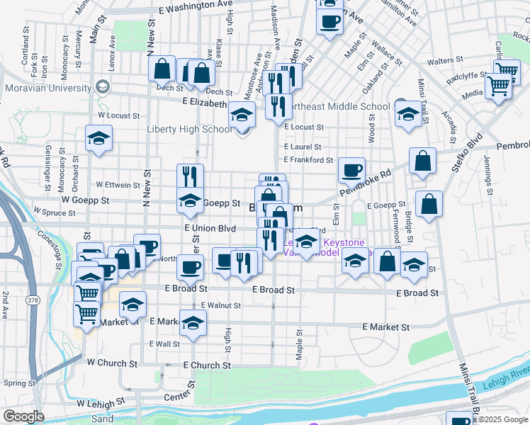 map of restaurants, bars, coffee shops, grocery stores, and more near in Bethlehem