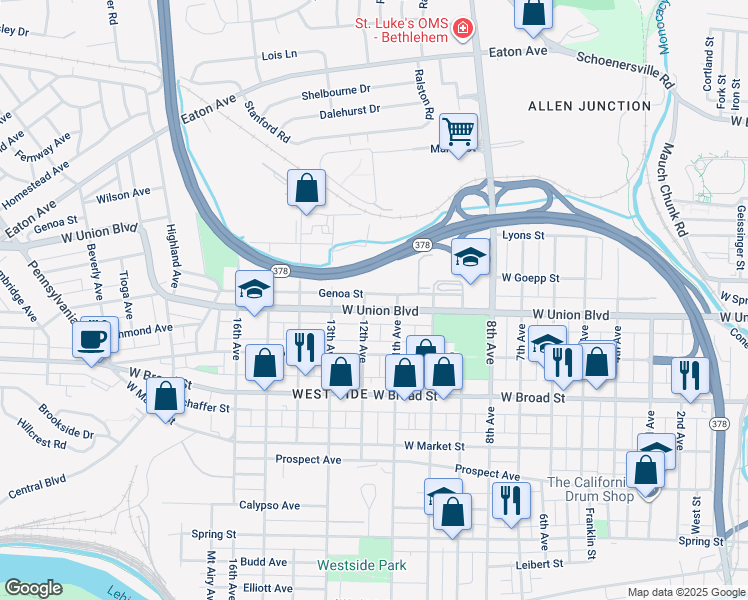 map of restaurants, bars, coffee shops, grocery stores, and more near 1308 Genoa Street in Bethlehem