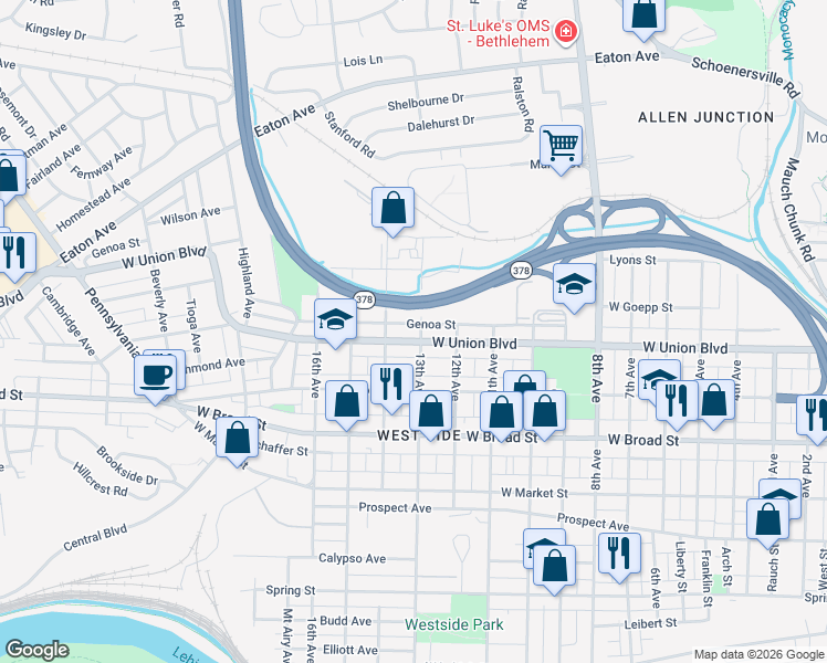 map of restaurants, bars, coffee shops, grocery stores, and more near 813 Genoa Street in Bethlehem