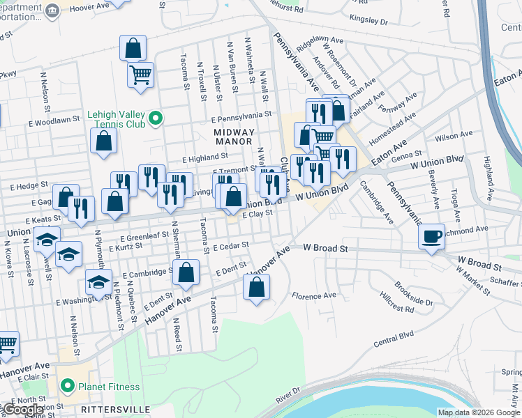 map of restaurants, bars, coffee shops, grocery stores, and more near 2207 State Route 1002 in Allentown