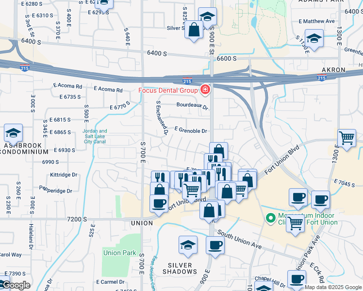 map of restaurants, bars, coffee shops, grocery stores, and more near 6907 South 800 East in Midvale