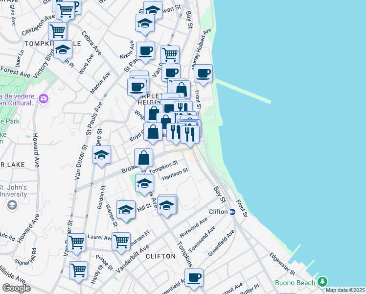 map of restaurants, bars, coffee shops, grocery stores, and more near 61 A Thompson Street in Staten Island