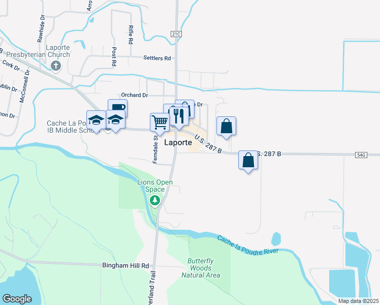 map of restaurants, bars, coffee shops, grocery stores, and more near 3201 West Co Road 52E in Laporte
