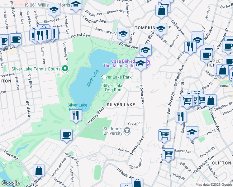 map of restaurants, bars, coffee shops, grocery stores, and more near Victory Boulevard in Staten Island