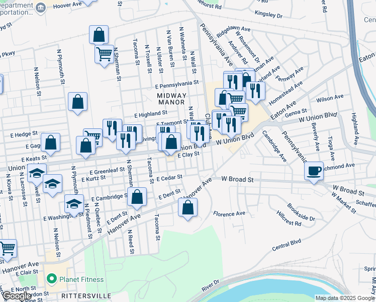 map of restaurants, bars, coffee shops, grocery stores, and more near 2212 Union Boulevard in Allentown