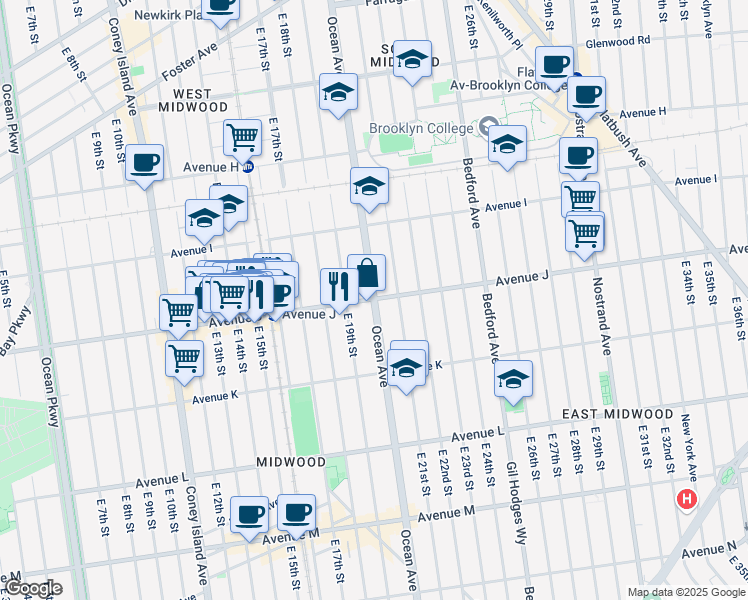 map of restaurants, bars, coffee shops, grocery stores, and more near Ocean Ave & Avenue J in Brooklyn