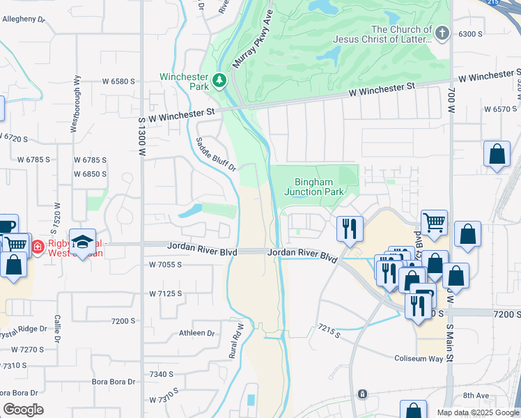 map of restaurants, bars, coffee shops, grocery stores, and more near 6882 Triumph Lane in West Jordan