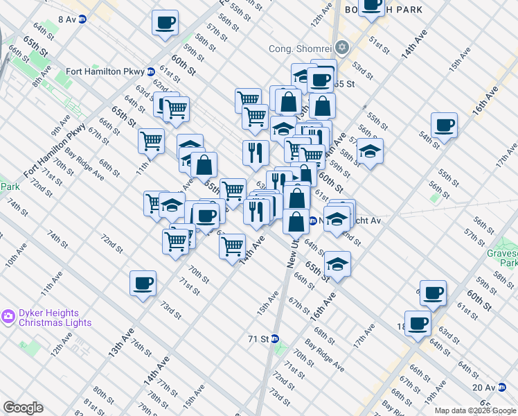 map of restaurants, bars, coffee shops, grocery stores, and more near 1348 64th Street in Brooklyn