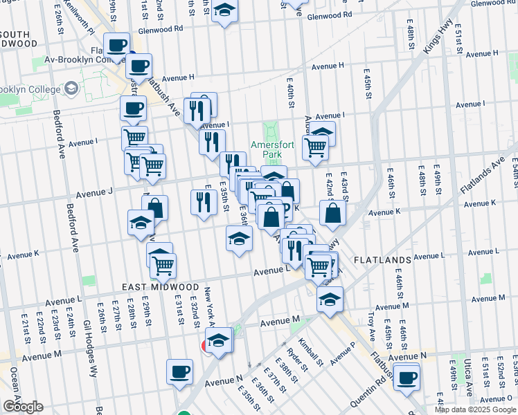 map of restaurants, bars, coffee shops, grocery stores, and more near 1194 East 38th Street in Brooklyn
