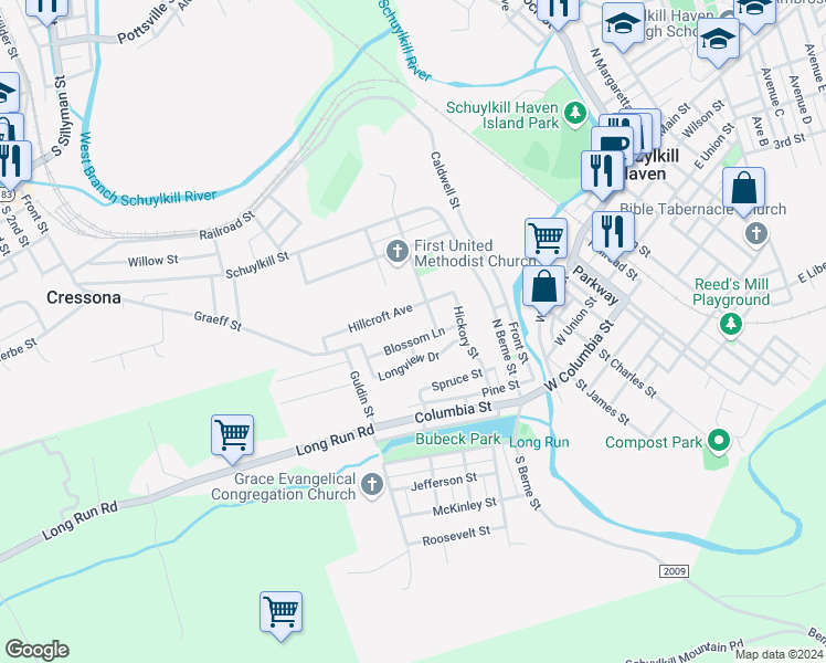 map of restaurants, bars, coffee shops, grocery stores, and more near 28 Blossom Lane in Schuylkill Haven