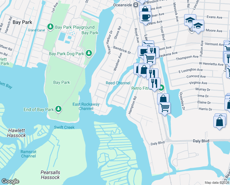 map of restaurants, bars, coffee shops, grocery stores, and more near 3526 Riverside Drive in Oceanside