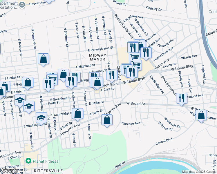 map of restaurants, bars, coffee shops, grocery stores, and more near 2207 State Route 1002 in Allentown