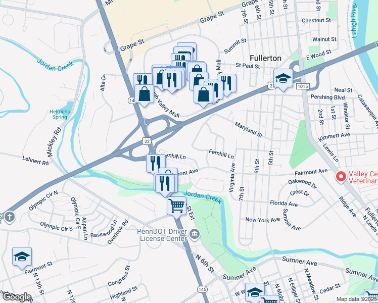 map of restaurants, bars, coffee shops, grocery stores, and more near 3 Maryland Circle in Fullerton