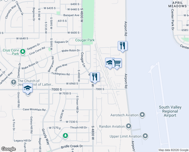map of restaurants, bars, coffee shops, grocery stores, and more near 4782 Old Church Court in West Jordan