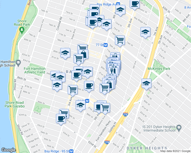 map of restaurants, bars, coffee shops, grocery stores, and more near 4th Avenue & 82nd Street in Brooklyn