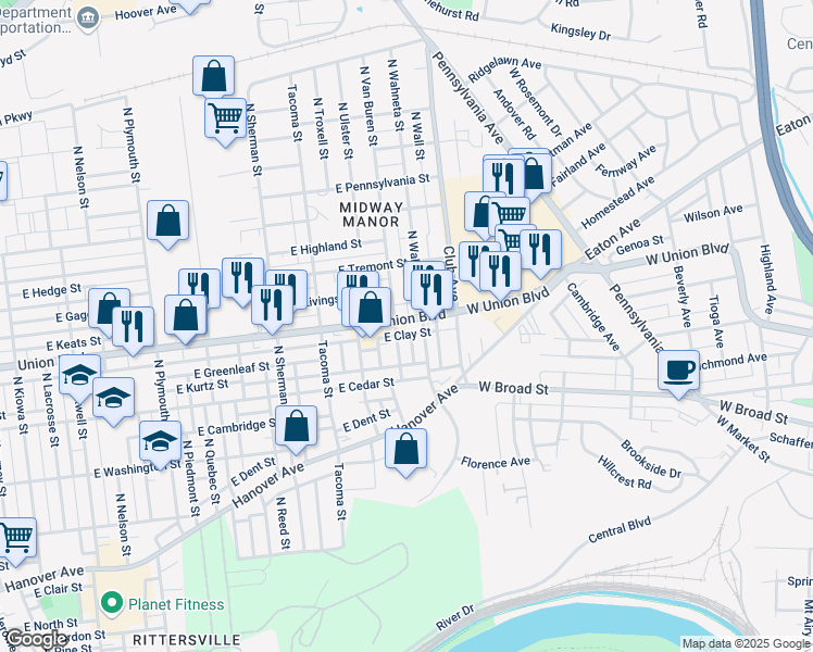 map of restaurants, bars, coffee shops, grocery stores, and more near 2212 Union Boulevard in Allentown