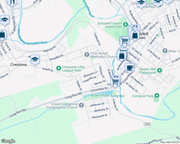 map of restaurants, bars, coffee shops, grocery stores, and more near 28 Blossom Lane in Schuylkill Haven