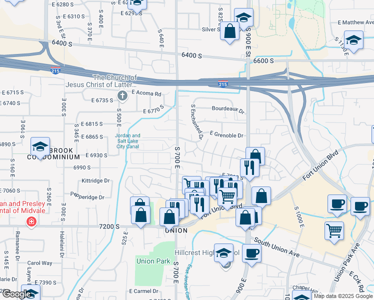 map of restaurants, bars, coffee shops, grocery stores, and more near 6898 South 725 East Street in Midvale