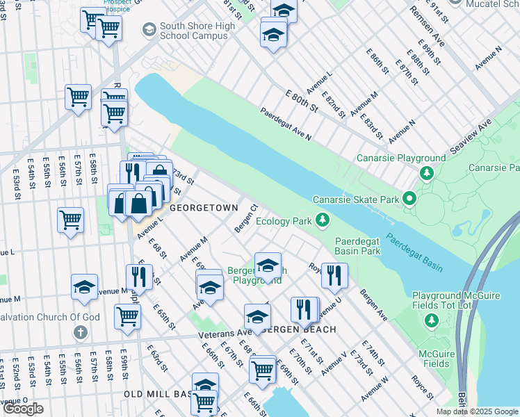 map of restaurants, bars, coffee shops, grocery stores, and more near 7268 Bergen Court in Brooklyn