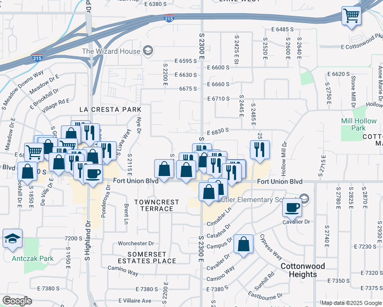 map of restaurants, bars, coffee shops, grocery stores, and more near 6898 South 2300 East in Salt Lake City