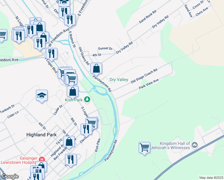 map of restaurants, bars, coffee shops, grocery stores, and more near 1034 Parcheytown Road in Lewistown