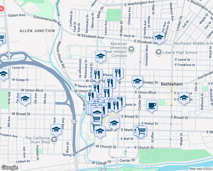 map of restaurants, bars, coffee shops, grocery stores, and more near 52 West Spruce Street in Bethlehem