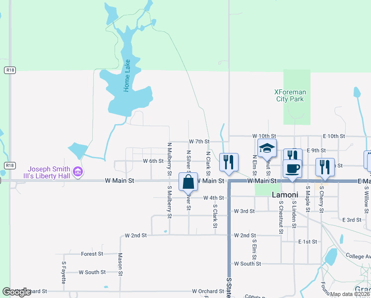 map of restaurants, bars, coffee shops, grocery stores, and more near 601-699 West 7th Street in Lamoni