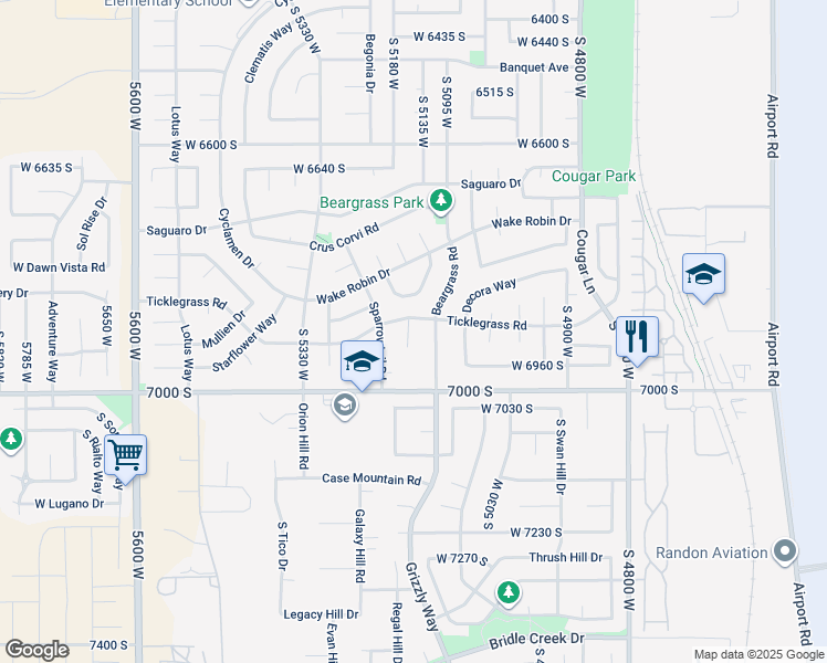 map of restaurants, bars, coffee shops, grocery stores, and more near 6905 Sandlily Circle in West Jordan