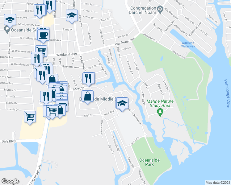 map of restaurants, bars, coffee shops, grocery stores, and more near 243 Mott Street in Oceanside