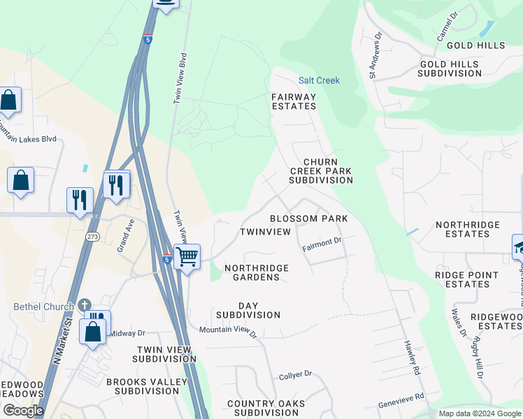 map of restaurants, bars, coffee shops, grocery stores, and more near 5755 Constitution Way in Redding