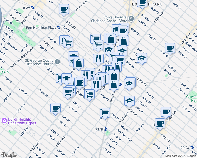 map of restaurants, bars, coffee shops, grocery stores, and more near 1347 64th Street in Brooklyn