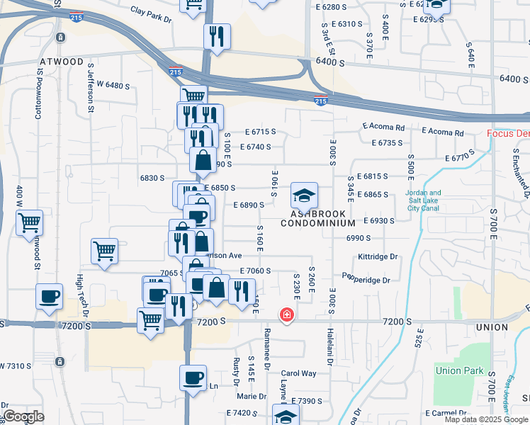 map of restaurants, bars, coffee shops, grocery stores, and more near 152 East 6890 South in Midvale