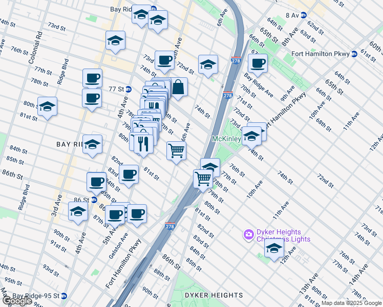 map of restaurants, bars, coffee shops, grocery stores, and more near 632 77th Street in Brooklyn