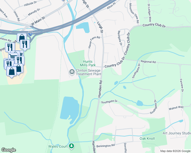 map of restaurants, bars, coffee shops, grocery stores, and more near 50 Haver Farm Road in Clinton