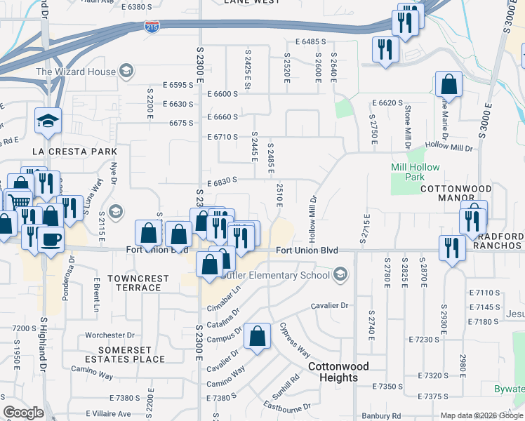 map of restaurants, bars, coffee shops, grocery stores, and more near 6896 Hillside Village Circle in Cottonwood Heights