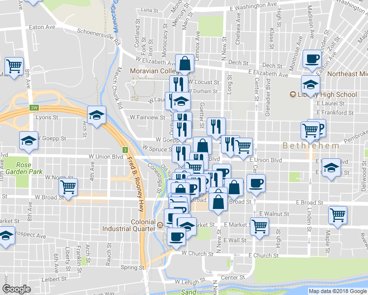 map of restaurants, bars, coffee shops, grocery stores, and more near 822 Main Street in Bethlehem