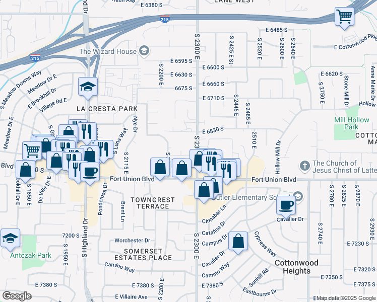 map of restaurants, bars, coffee shops, grocery stores, and more near 6898 South 2300 East in Salt Lake City