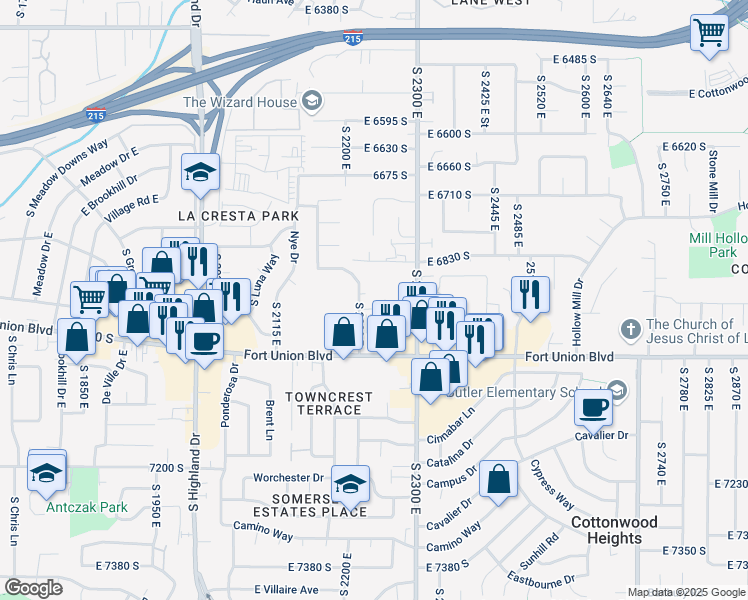 map of restaurants, bars, coffee shops, grocery stores, and more near 6895 Whitmore Way in Cottonwood Heights
