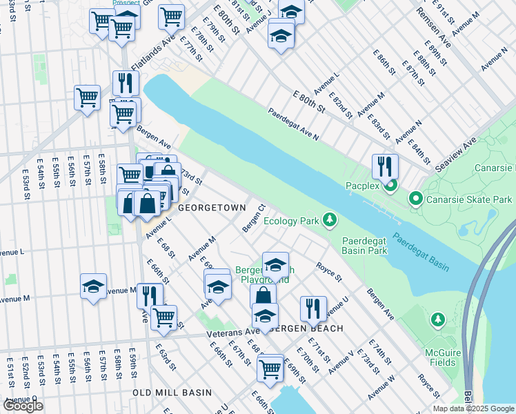 map of restaurants, bars, coffee shops, grocery stores, and more near 7314 Avenue M in Brooklyn