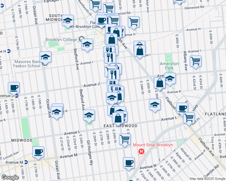 map of restaurants, bars, coffee shops, grocery stores, and more near 2400 Nostrand Avenue in Brooklyn