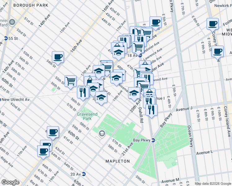 map of restaurants, bars, coffee shops, grocery stores, and more near 1879 51st Street in Brooklyn