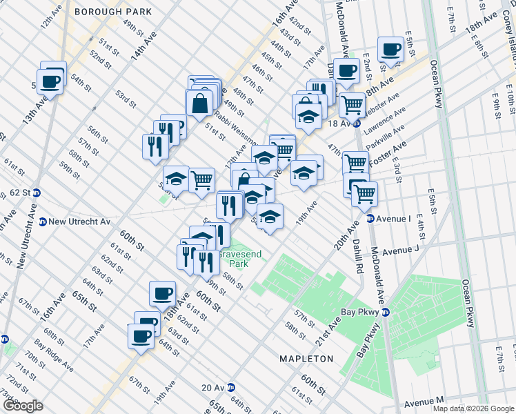 map of restaurants, bars, coffee shops, grocery stores, and more near 1797 53rd Street in Brooklyn