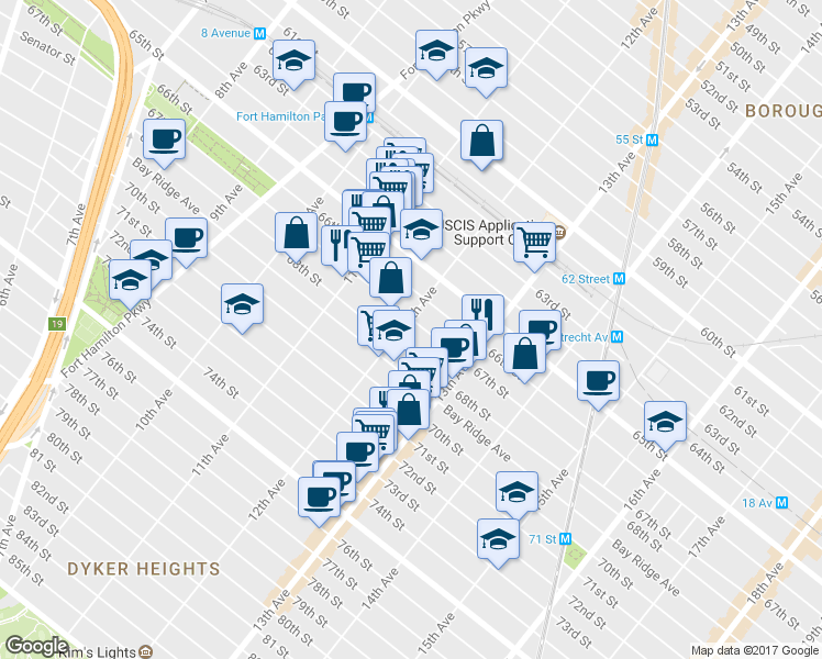 map of restaurants, bars, coffee shops, grocery stores, and more near 6714 12th Avenue in Brooklyn