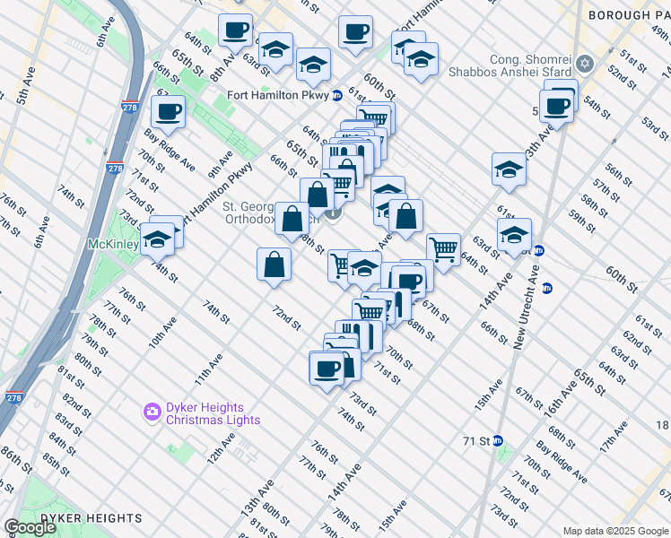 map of restaurants, bars, coffee shops, grocery stores, and more near 1144 68th Street in Brooklyn