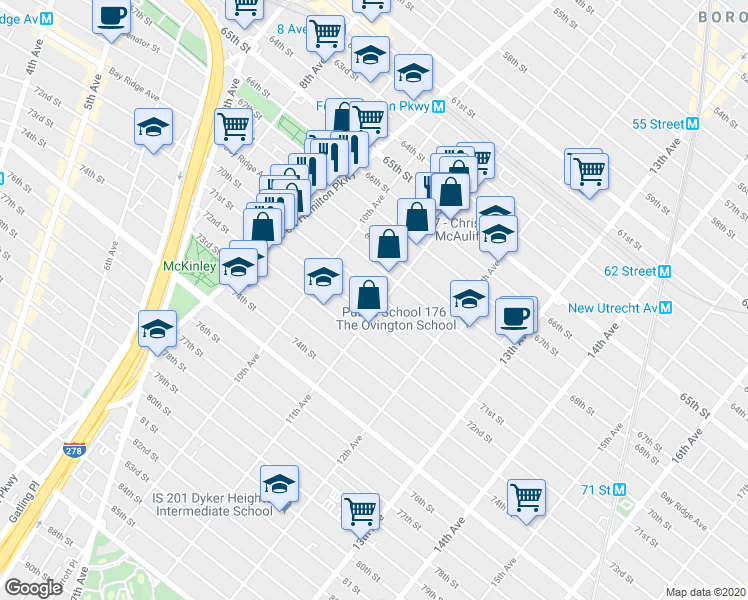 map of restaurants, bars, coffee shops, grocery stores, and more near 1053 71st Street in Brooklyn