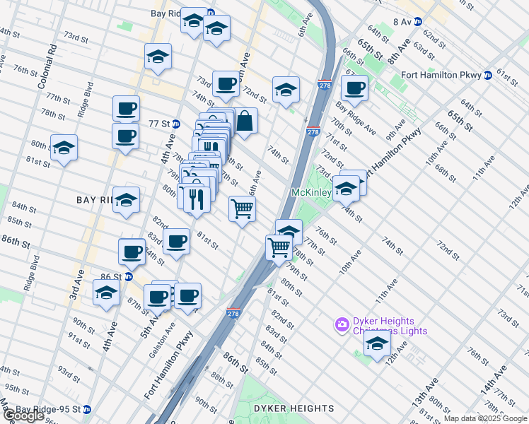 map of restaurants, bars, coffee shops, grocery stores, and more near 618 77th Street in Brooklyn