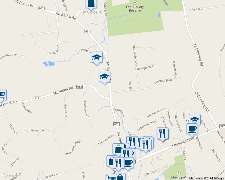 map of restaurants, bars, coffee shops, grocery stores, and more near 98 Mount Bethel Road in Warren