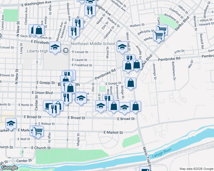 map of restaurants, bars, coffee shops, grocery stores, and more near 831 Wood Street in Bethlehem